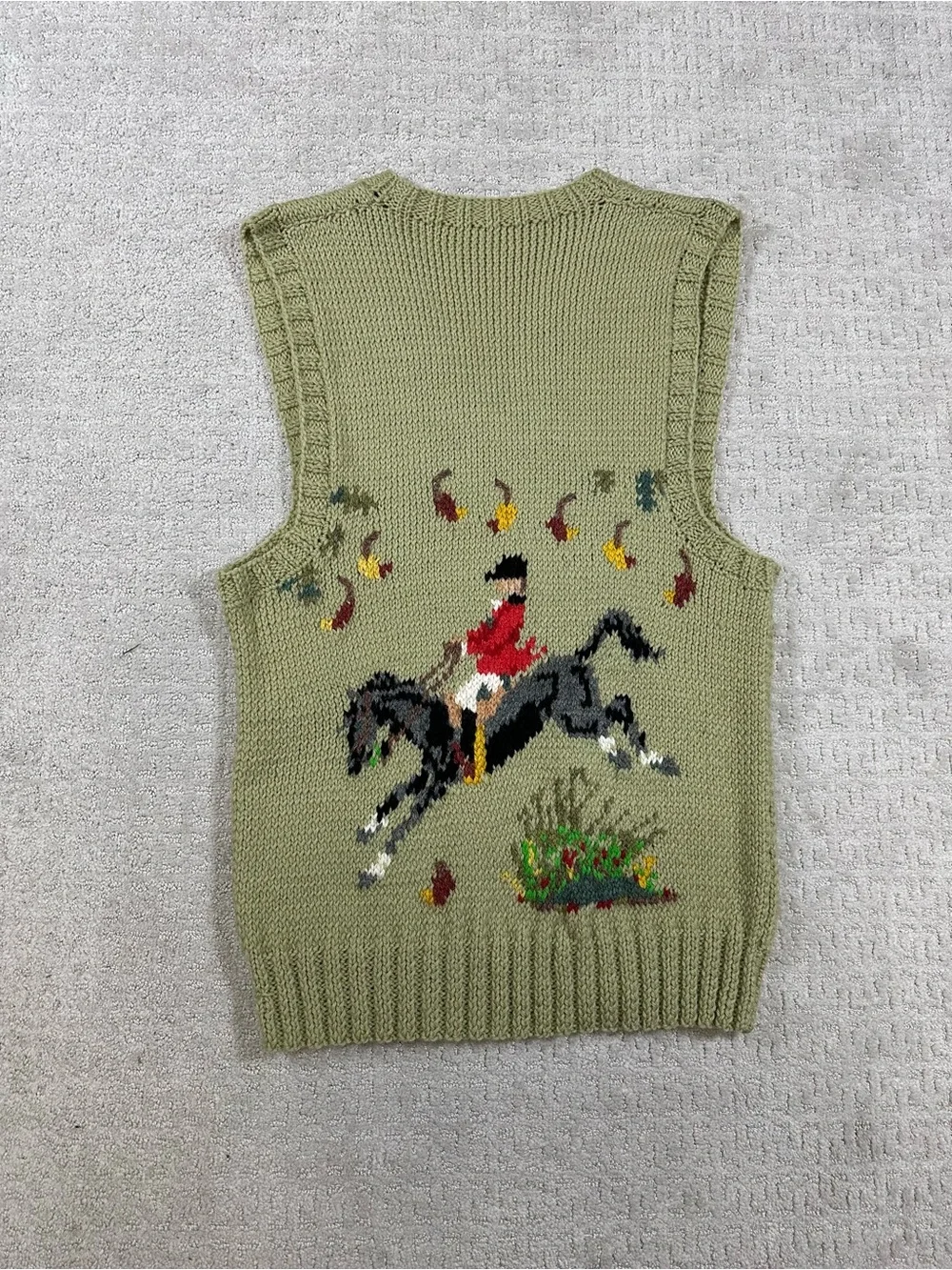 Vintage Olive Green Hand Knitted Horse Racing Vest